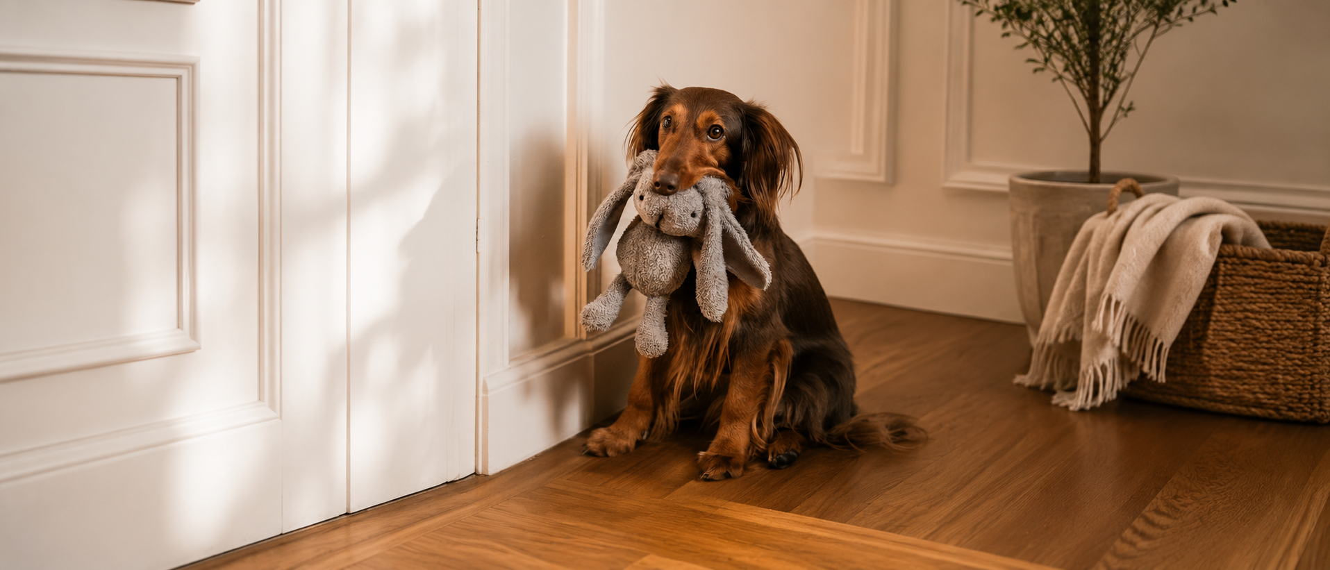 Dog sitting at home with a soft toy